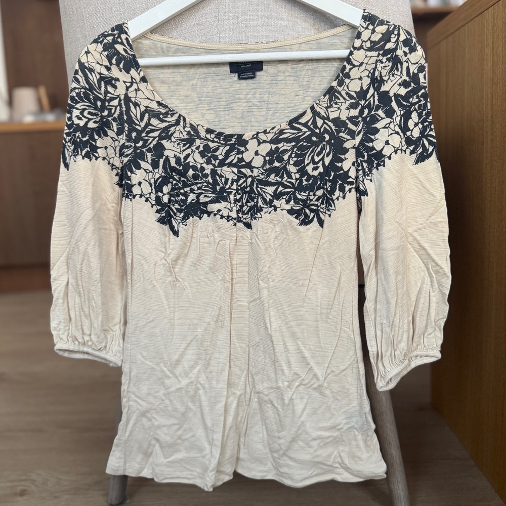 Anthropologie Deletta Cream and Black Floral Blouse